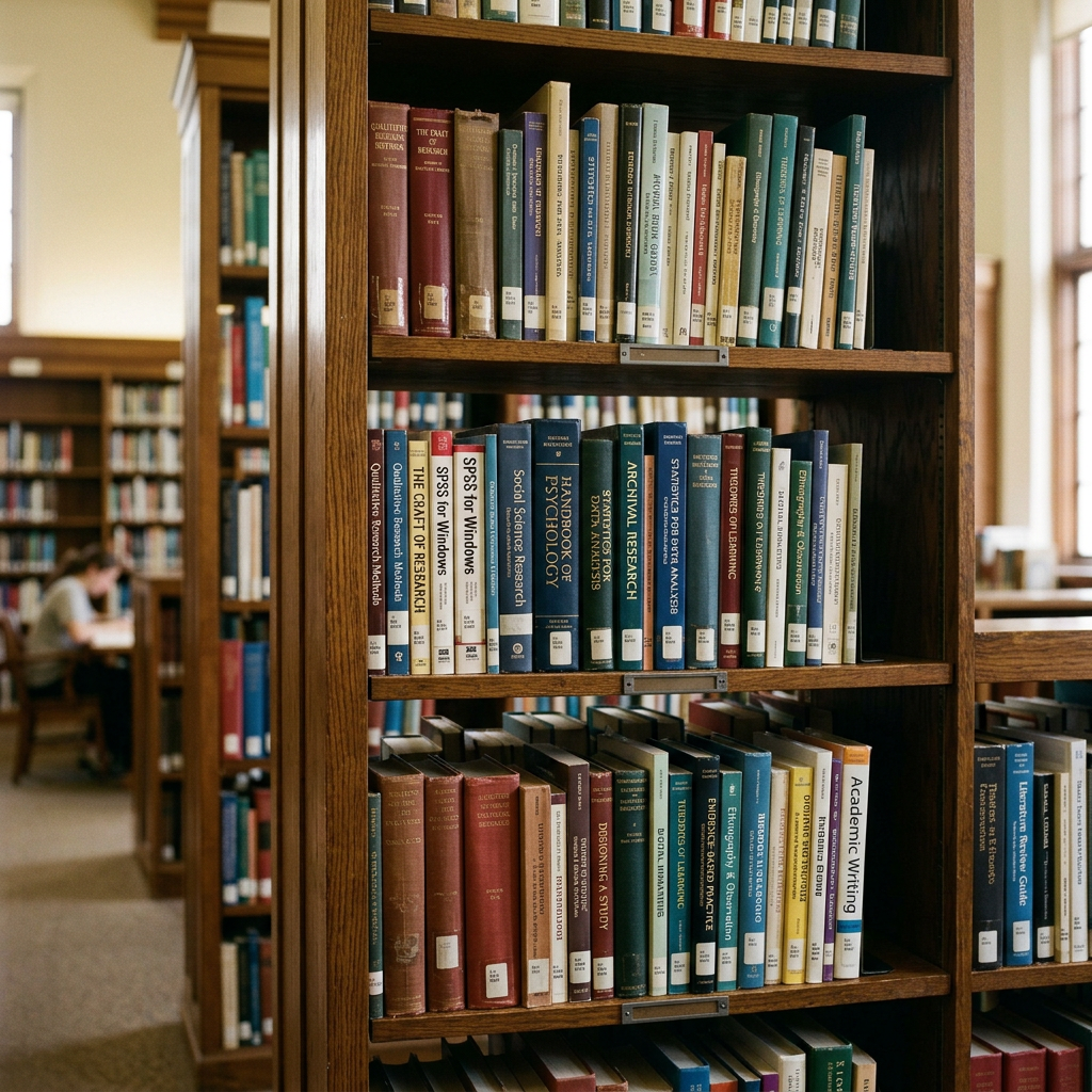 Rows of academic books on wooden library shelves