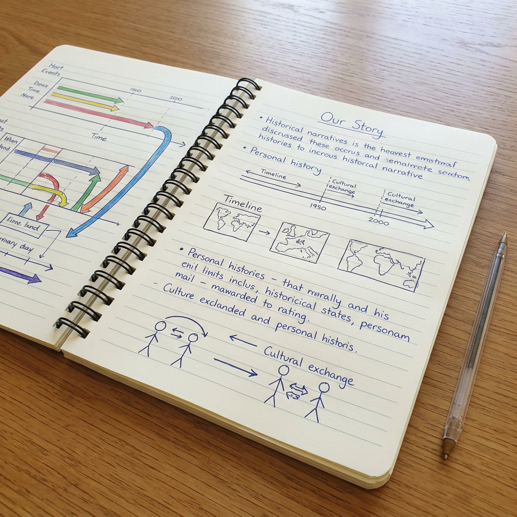 Open notebook with handwritten notes about history, timelines, and cultural exchange