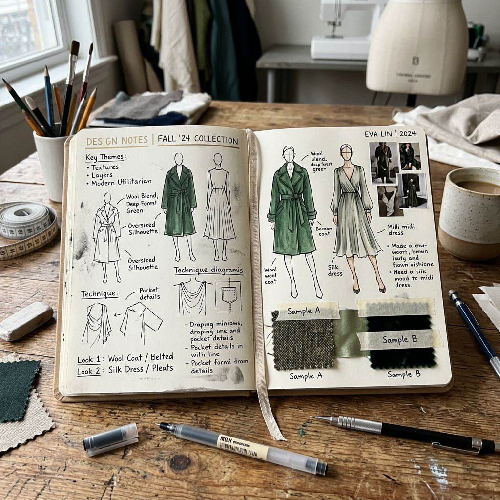 Open fashion design notebook showing fall collection sketches, notes, fabric swatches, and sewing tools